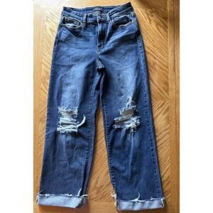 Judy Blue Jeans Women 5/27 High Rise Distressed Straight Raw Hem Stretch Denim